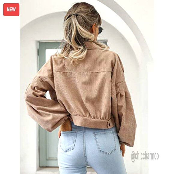 Cropped Corduroy Shacket Puff Sleeve Loose Fit Button Down Casual Jacket - Picture 5 of 7